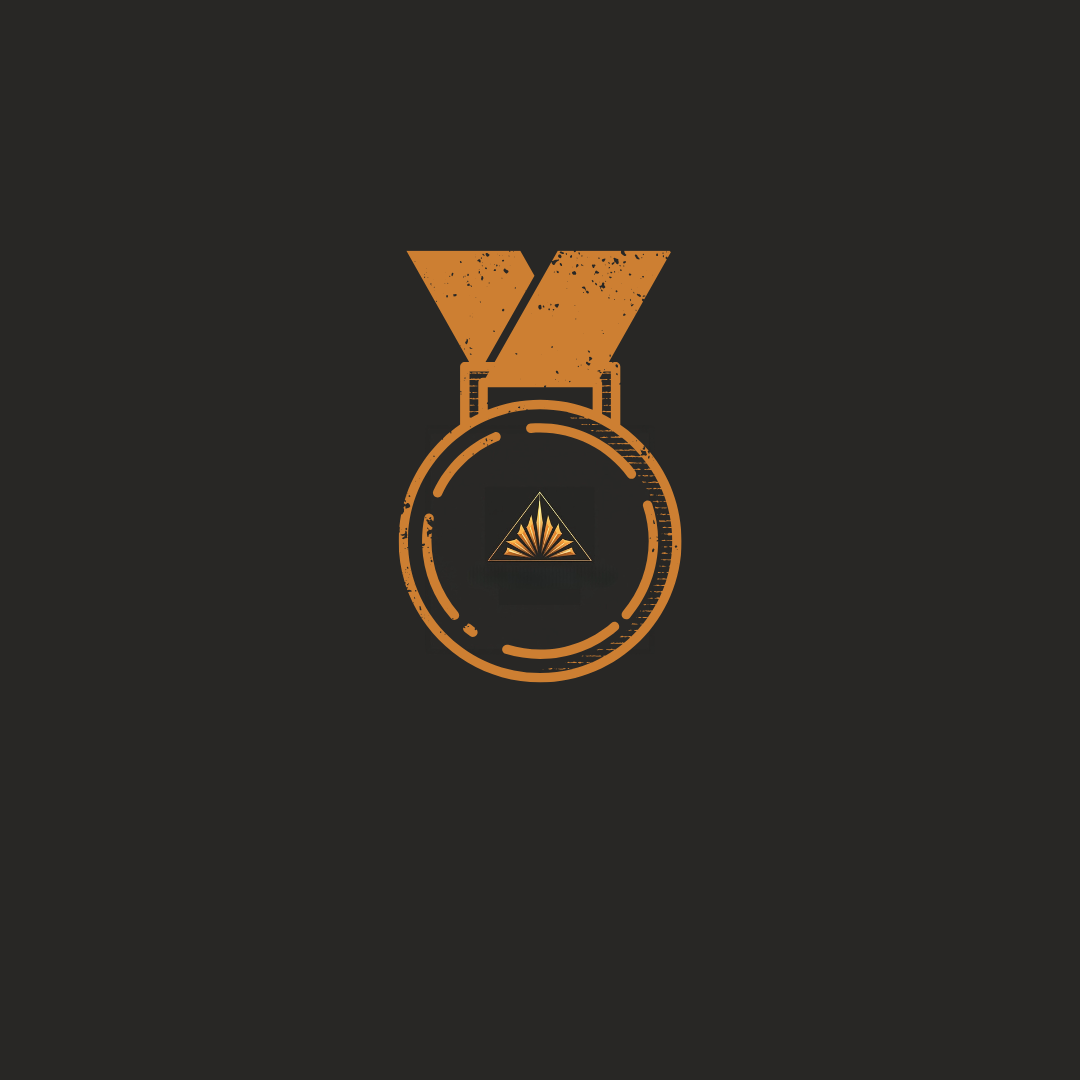 Logo featuring a stylized medal with an orange ribbon and a triangular design in the center, set against a black background.